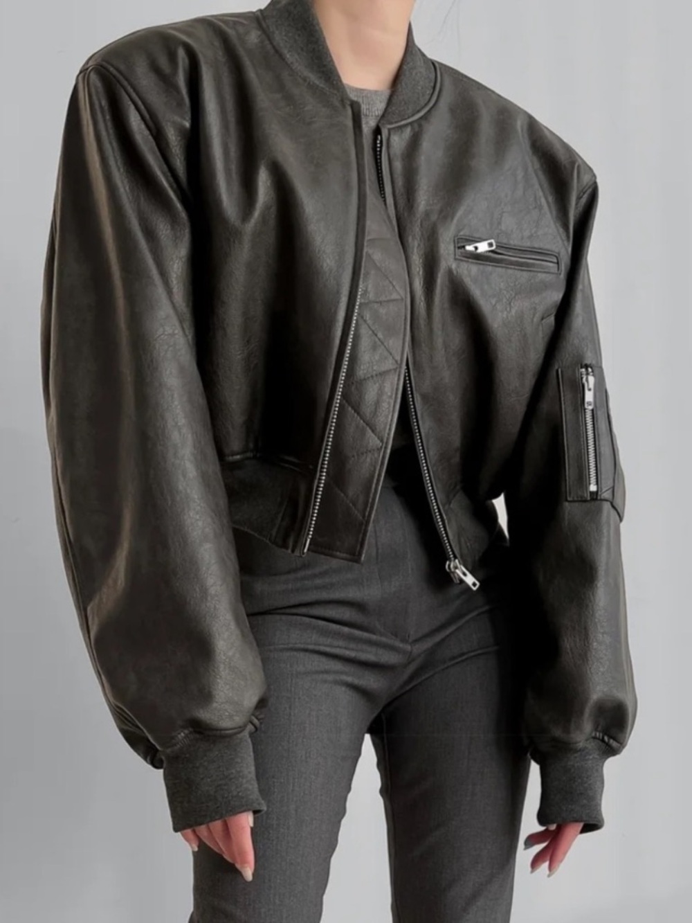 The Frankie Shop Gae Faux Leather Cropped Bomber Jacket Charcoal
